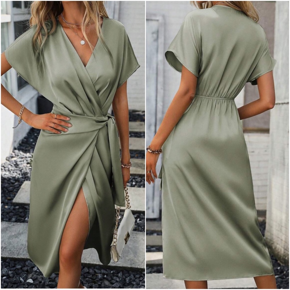 Classic Solid Pleated Wrap Midi Dress - Picture 3 of 9